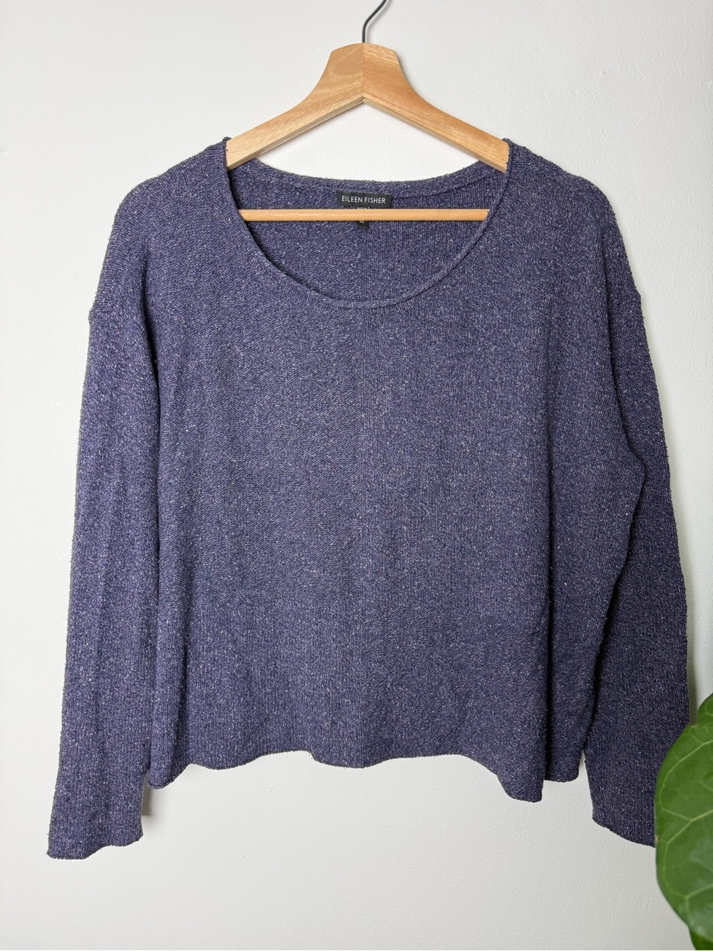 Eileen Fisher Heathered Blue Silk Oversized Scoop Neck Sweater XS